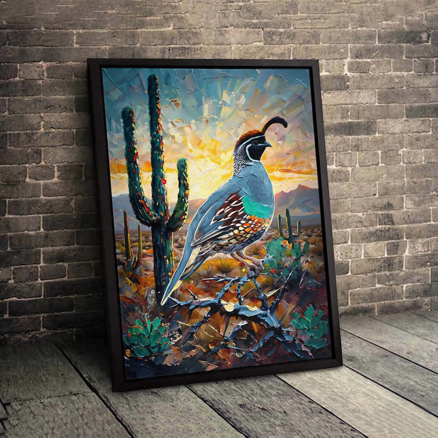 Desert Quail Wall Art | Impasto Saguaro Cactus Canvas Print | Gallery-Quality 1.25 Inch Profile | Southwestern Home Decor Gift