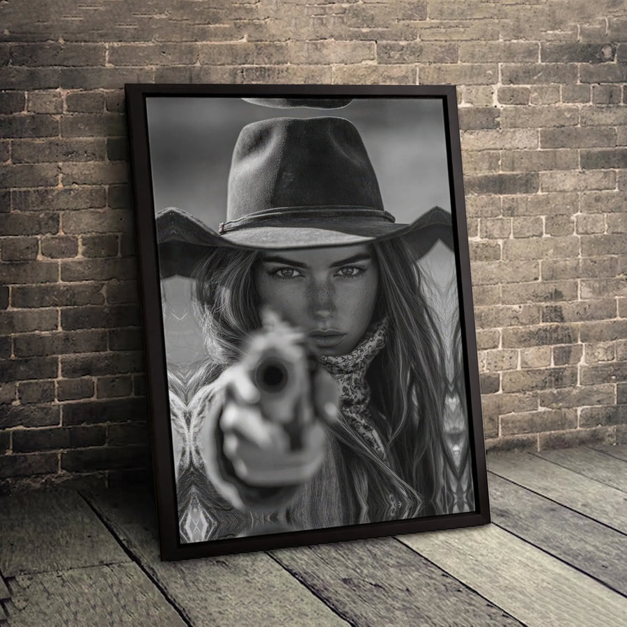 Cowgirl Wall Art | Black and White Western Portrait | Gallery-Wrapped Canvas Print | Rustic Home Decor Gift for Bedroom or Office