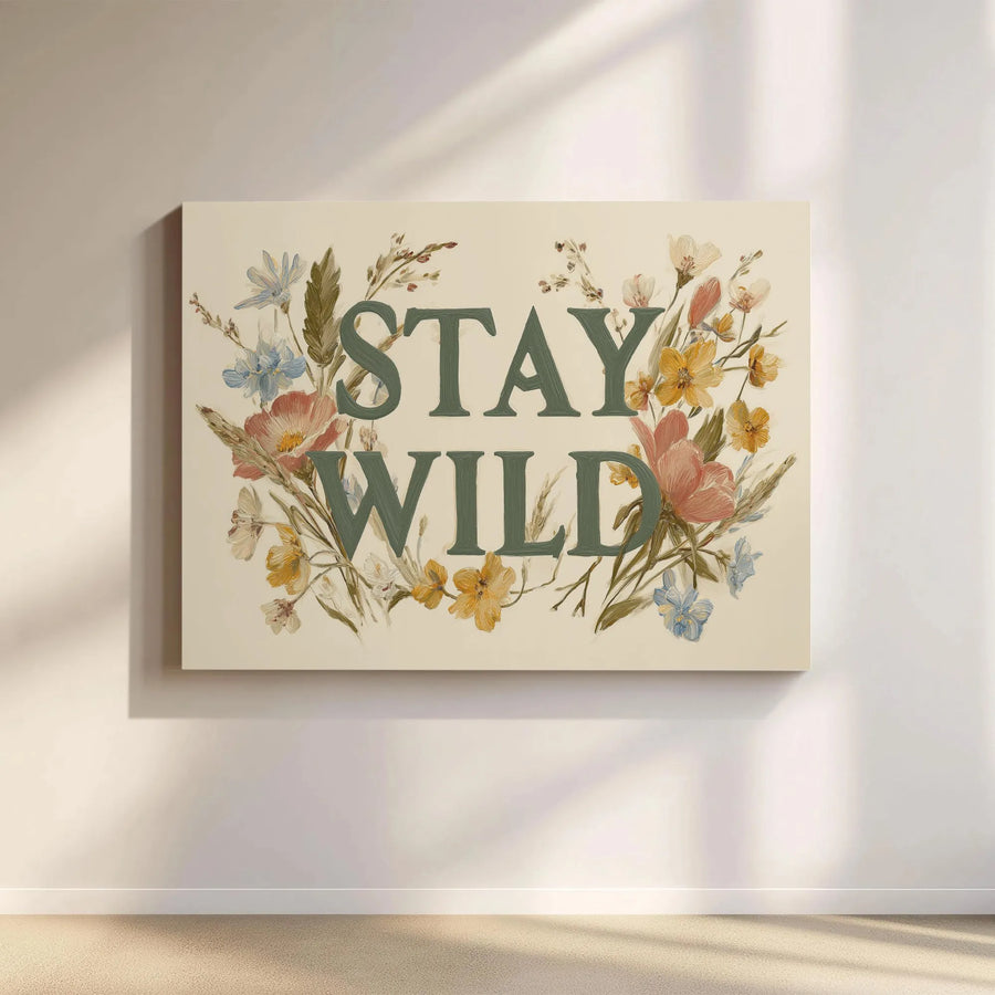 Stay Wild Floral Wall Art | Bohemian Wildflower Wreath Canvas | 1.25 Inch Gallery Wrap | Aesthetic Home Decor For Nature Lovers
