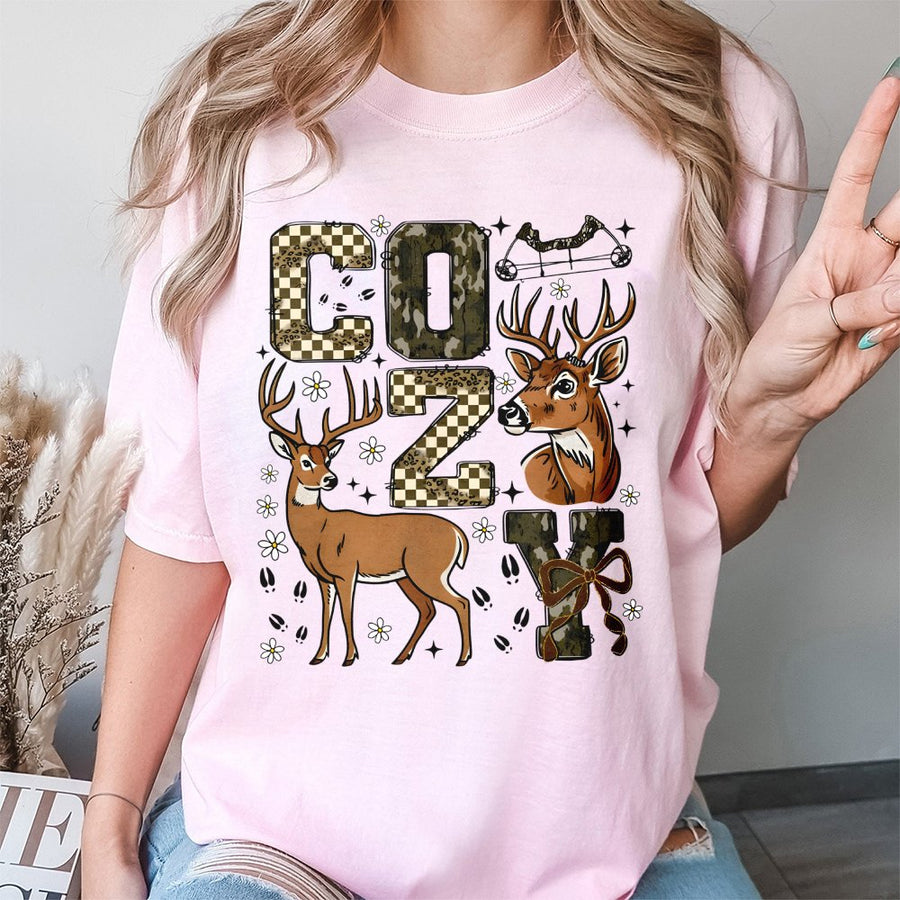 Cozy Season Hunting T-Shirt | Camo Deer Print with Bow Detail | Premium 100% Cotton | Gift for Hunters and Outdoor Lovers