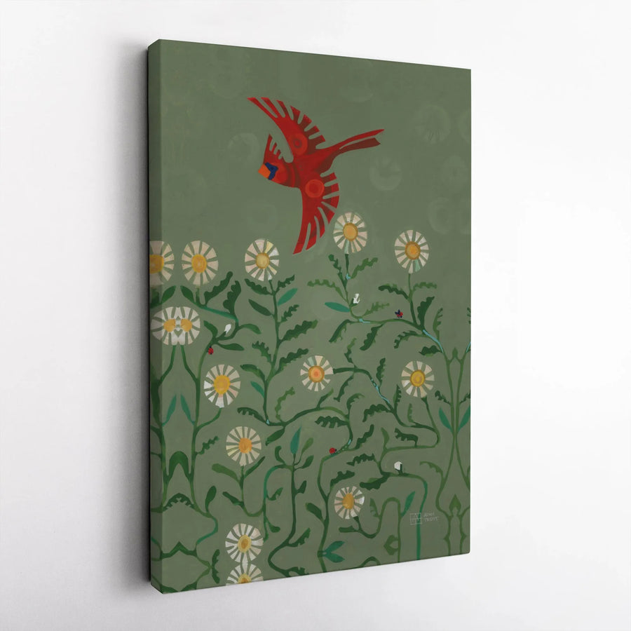 Red Cardinal Canvas Wall Art | Folk Art Bird and Daisy Field Illustration | Premium Gallery Print | Nature Themed Home Decor Gift for Bird Lover