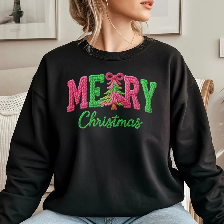 Merry Christmas Sweatshirt | Faux Knitted Yarn Design | Premium Cotton-Poly Blend | Festive Holiday Gift for Family and Friends