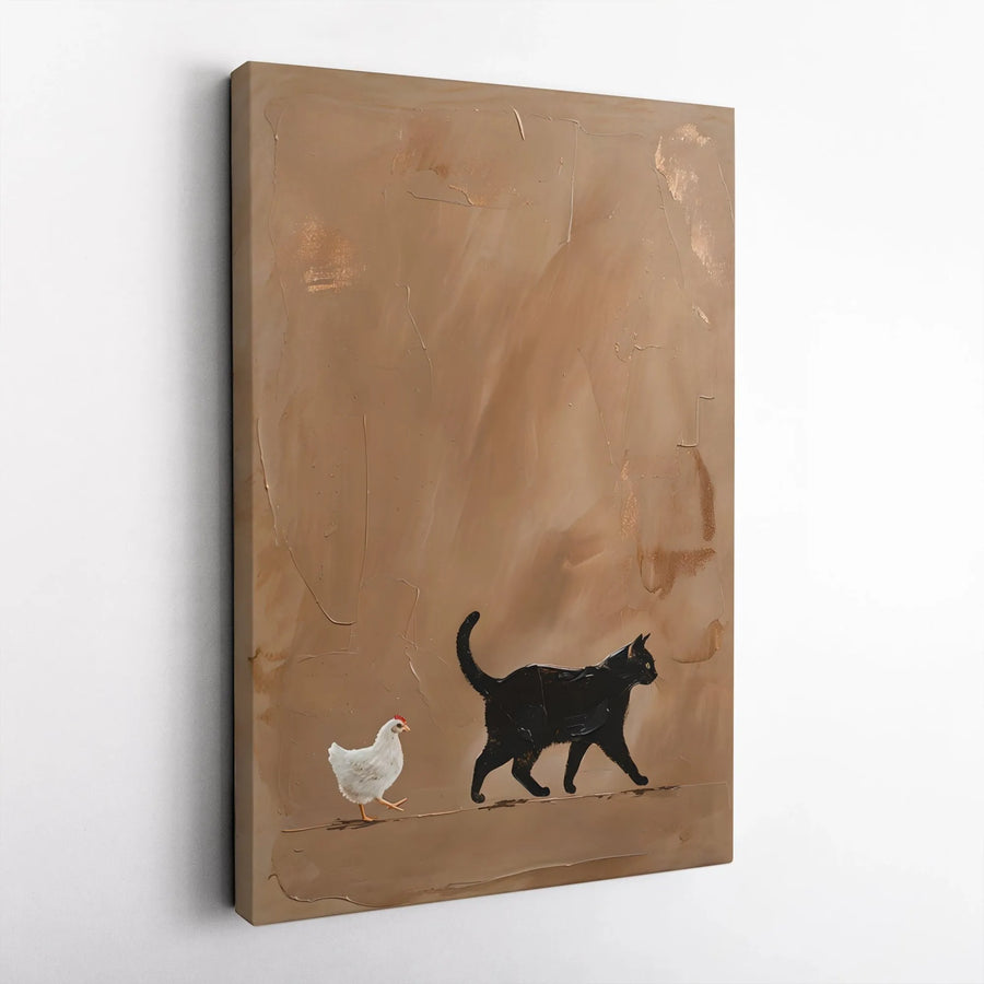 Black Cat and Chicken Canvas Wall Art | Minimalist Textured Animal Print | Premium Thick Gallery Canvas | Unique Gift for Modern Farmhouse Decor