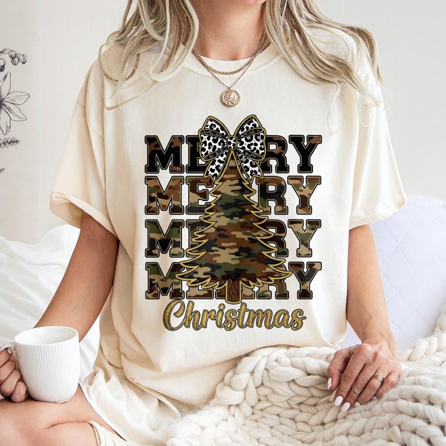 Camo Merry Christmas T-Shirt | Rustic Leopard Bow Holiday Tree Design | Premium 100% Cotton | Festive Gift for Women and Men
