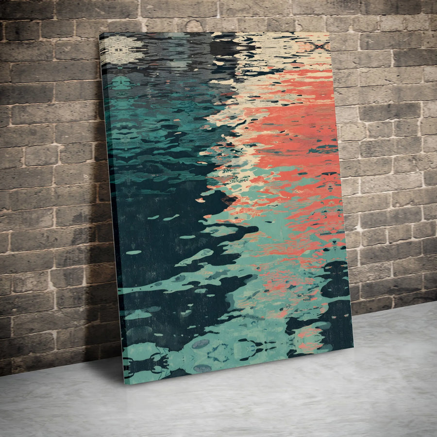 Abstract Water Reflection Canvas Wall Art | Modern Teal and Coral Design | Premium Gallery Wrapped Canvas | Minimalist Home Decor Gift