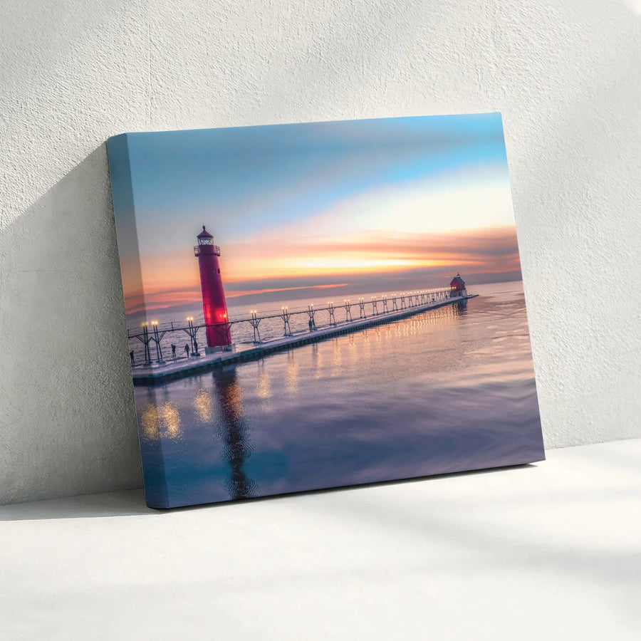 Lighthouse Canvas Wall Art | Scenic Sunset Pier Photography | Premium Thick Gallery Wrap | Nautical Home Decor Gift for Living Room