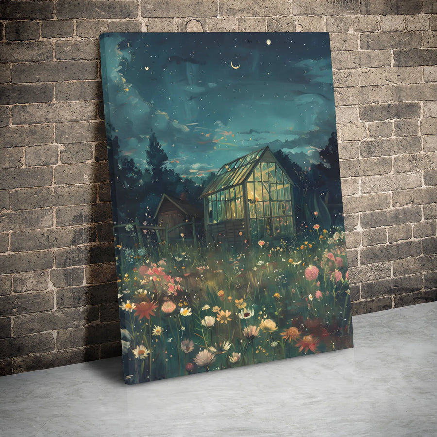 Glowing Greenhouse Wall Art | Whimsical Wildflower Garden Nightscape | Premium Gallery Wrap Canvas | Enchanted Home Decor Gift