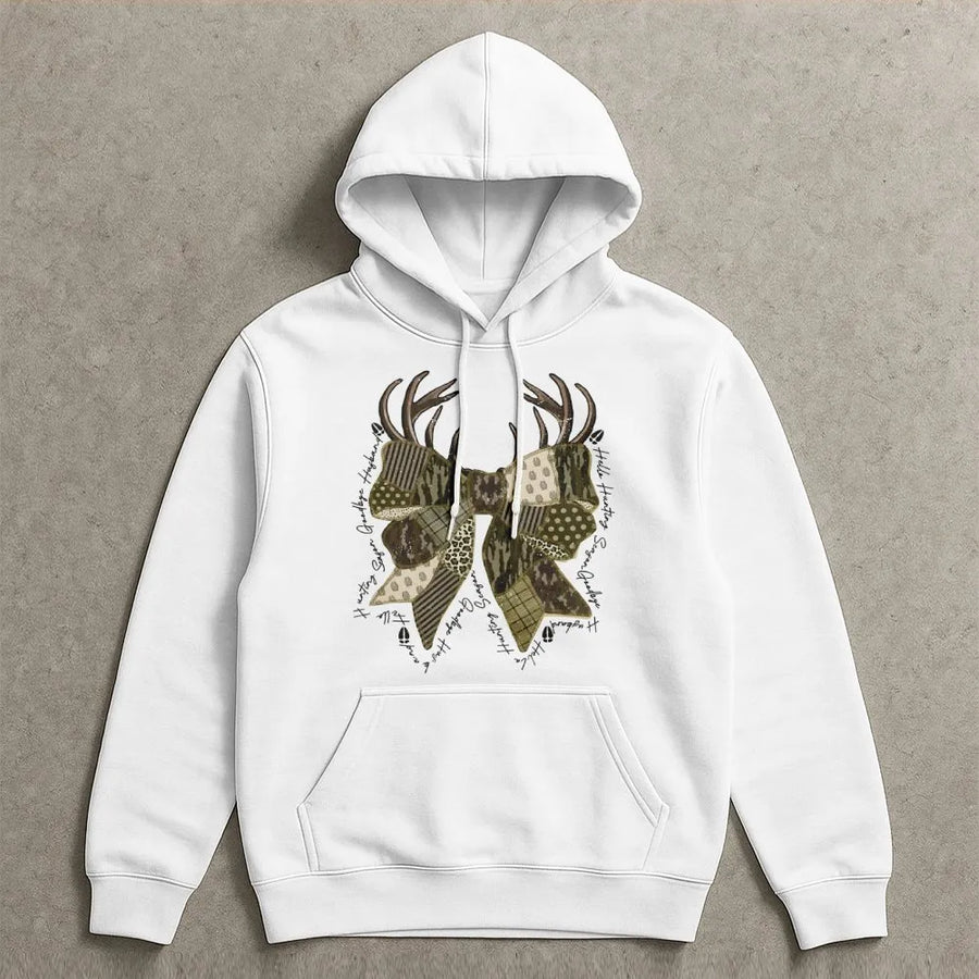 Hello Hunting Season Goodbye Husband Hoodie | Deer Antler Camo Bow Design | Premium Soft Fleece | Funny Gift For Hunting Wives