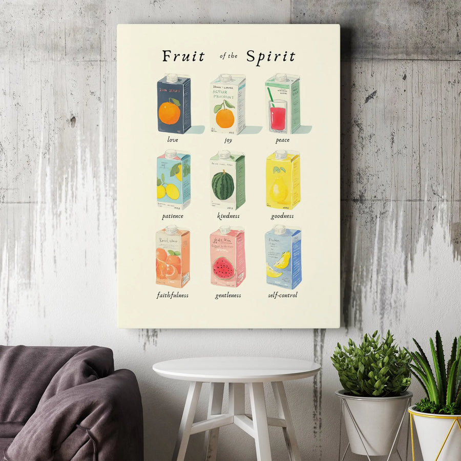 Fruit Of The Spirit Canvas Print | Illustrated Juice Box Bible Verse Art | Premium Gallery Wrap Wall Decor | Christian Gift For Home Or Office