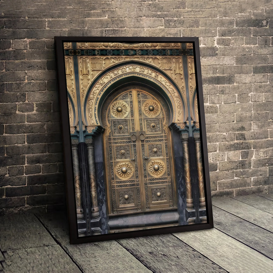 Ornate Moroccan Door Canvas Wall Art | Golden Archway Architecture Print | 1.25 Inch Premium Gallery Wrap | Luxury Home Decor Gift