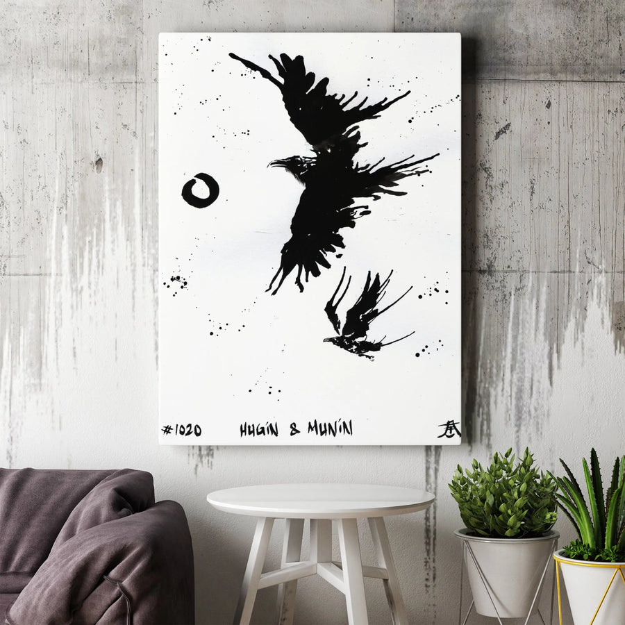 Hugin and Munin Canvas Print | Norse Mythology Raven Wall Art | Premium Ink Wash Gallery Wrap | Viking Decor for Home Office