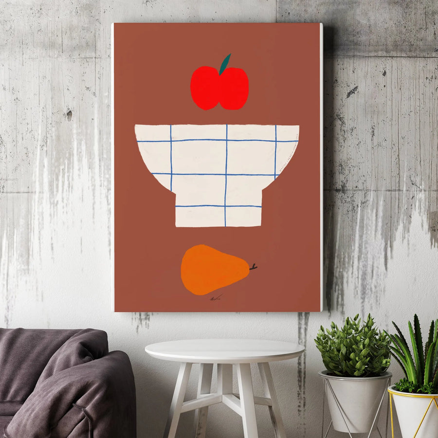 Modern Fruit Bowl Canvas Print | Minimalist Still Life with Apple & Pear | Premium Gallery Wrap Art | Kitchen & Dining Room Decor Gift