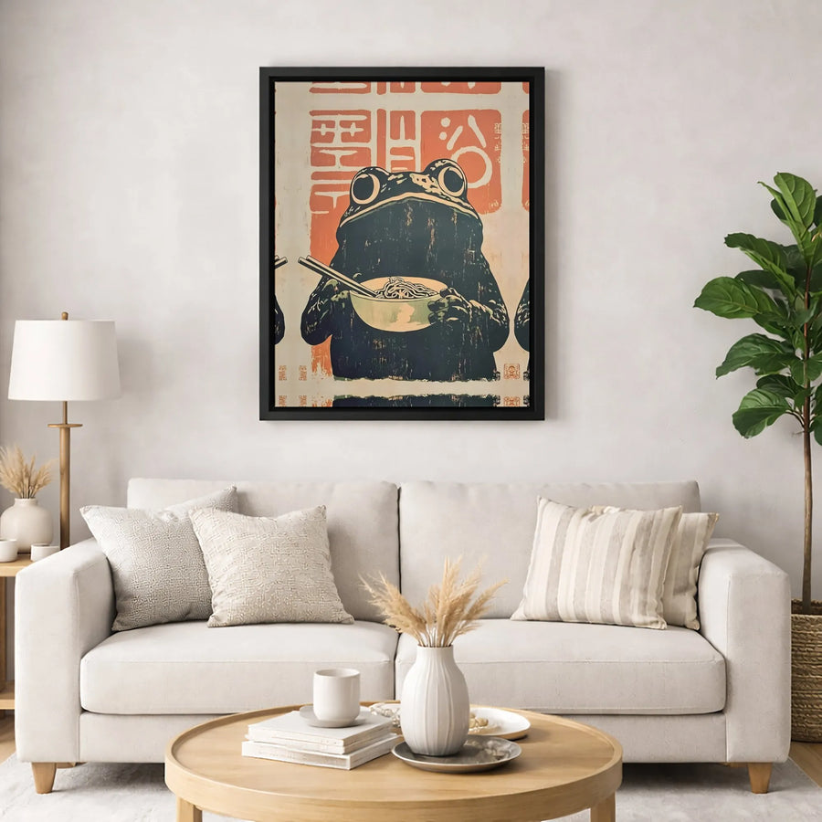 Japanese Ramen Frog Wall Art | Ukiyo-E Style Animal Print | Premium Fade-Resistant Canvas | Unique Kitchen Decor Gift for Foodies