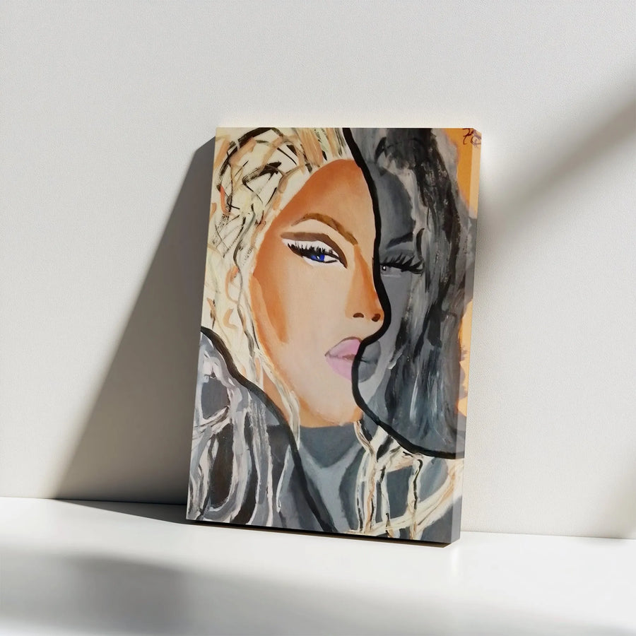 Abstract Woman Face Vertical Canvas | Split Duality Portrait Artwork | Premium Gallery Wrap Print | Modern Living Room Decor Gift