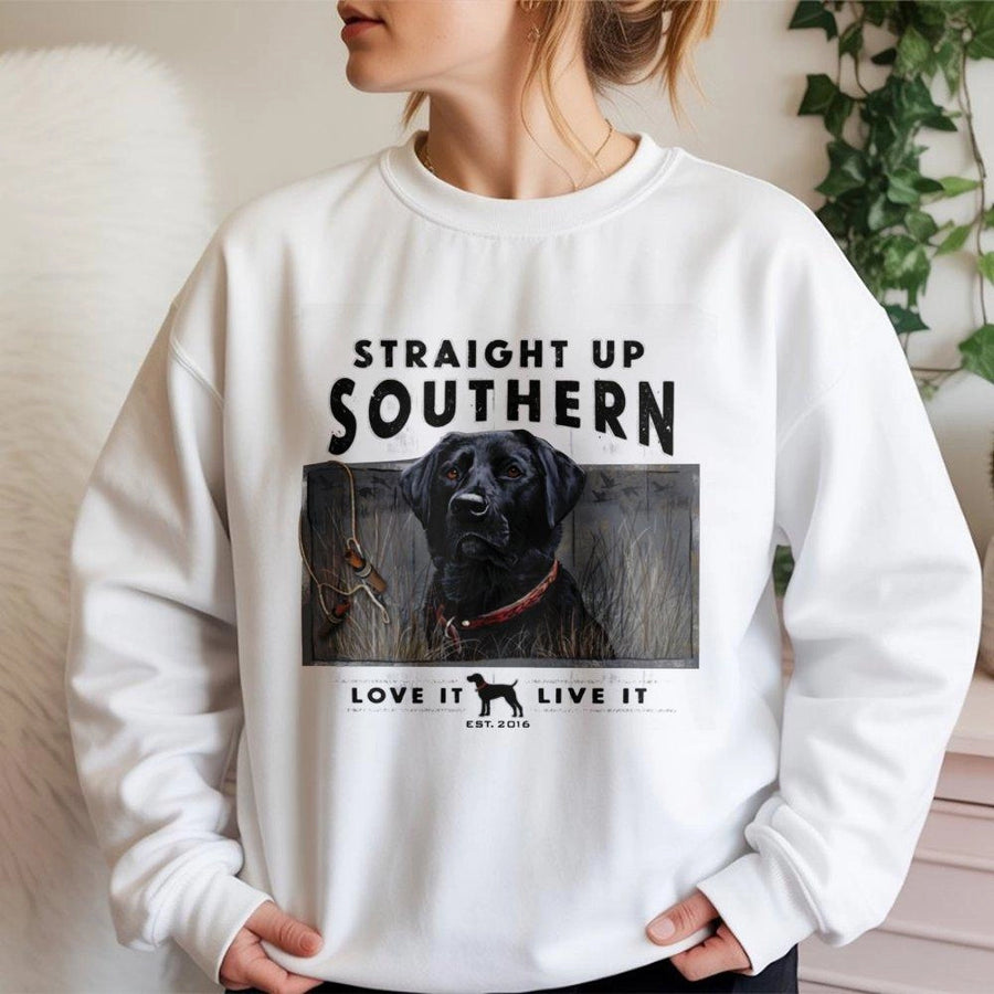 Black Labrador Sweatshirt | Straight Up Southern Duck Hunting Graphic | Premium Cotton Blend | Gift For Hunters And Dog Lovers