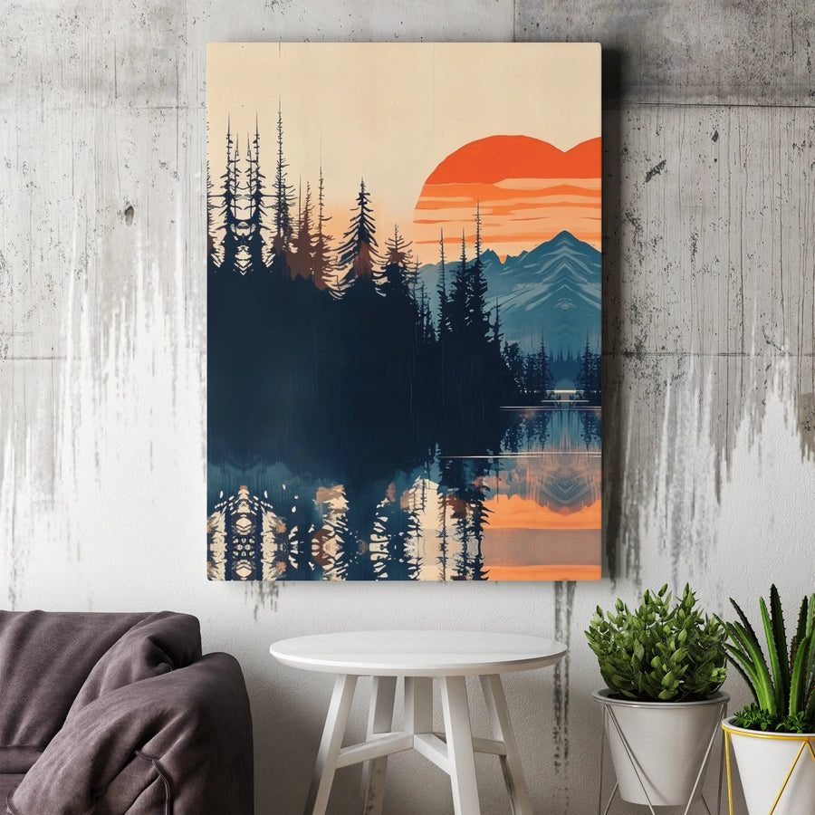 Mountain Forest Canvas Print | Retro Sunset with Lake Reflection | Premium Gallery Wrap Wall Art | Modern Cabin & Home Decor Gift