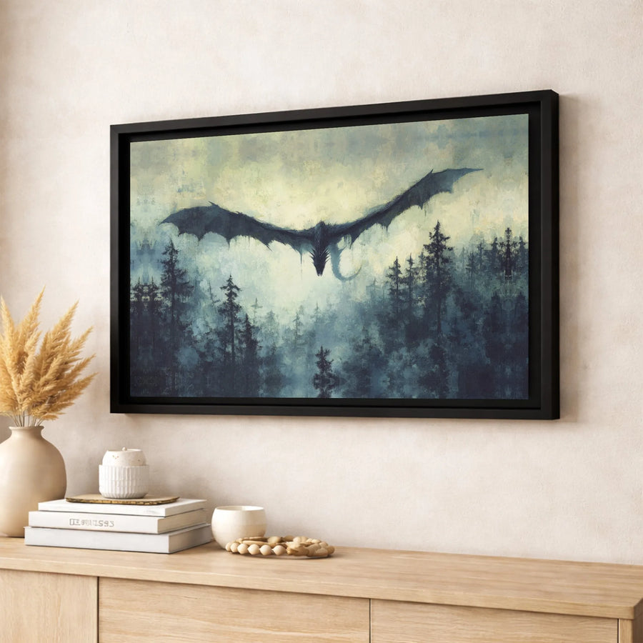 Dragon Wall Art Canvas | Misty Forest Fantasy Landscape | Gallery Quality Print | Dark Fantasy Decor for Bedroom or Living Room