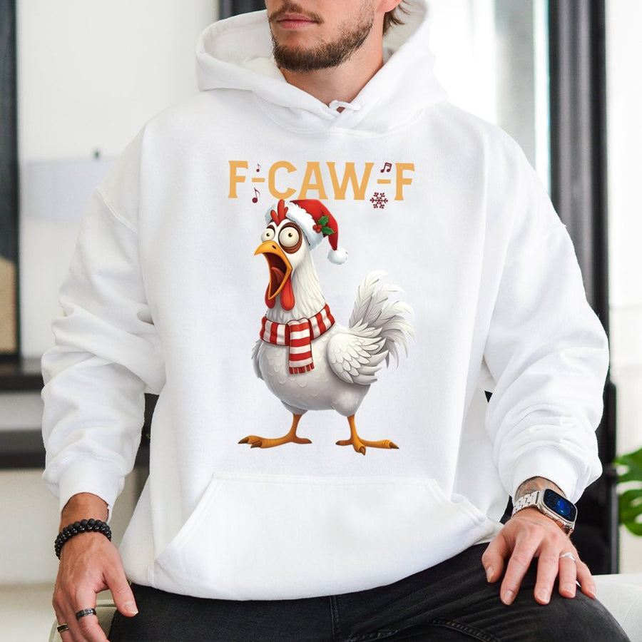 Funny Chicken Christmas Hoodie | F-Caw-F Music Note Graphic | Premium Soft Unisex Sweatshirt | Cute Farm Animal Holiday Gift for Men and Women