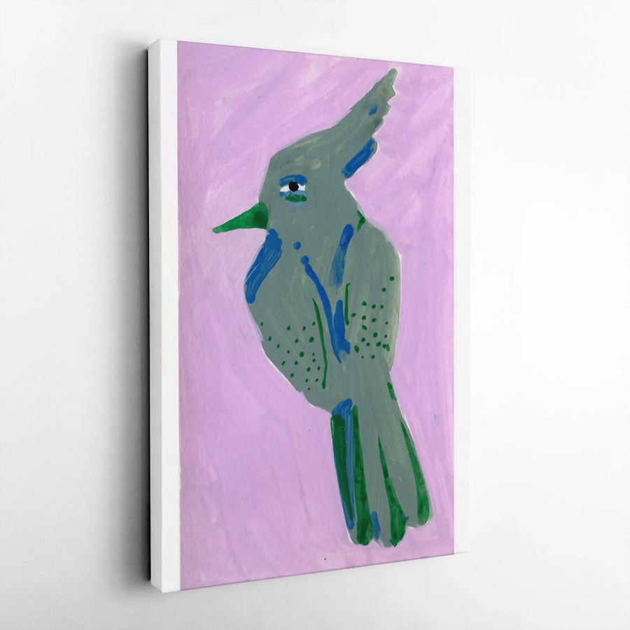 Modern Bird Art Vertical Canvas | Abstract Sage Green and Pink Painting Print | Premium 1.25" Thick Profile Wall Decor | Collector's Gift for Nursery