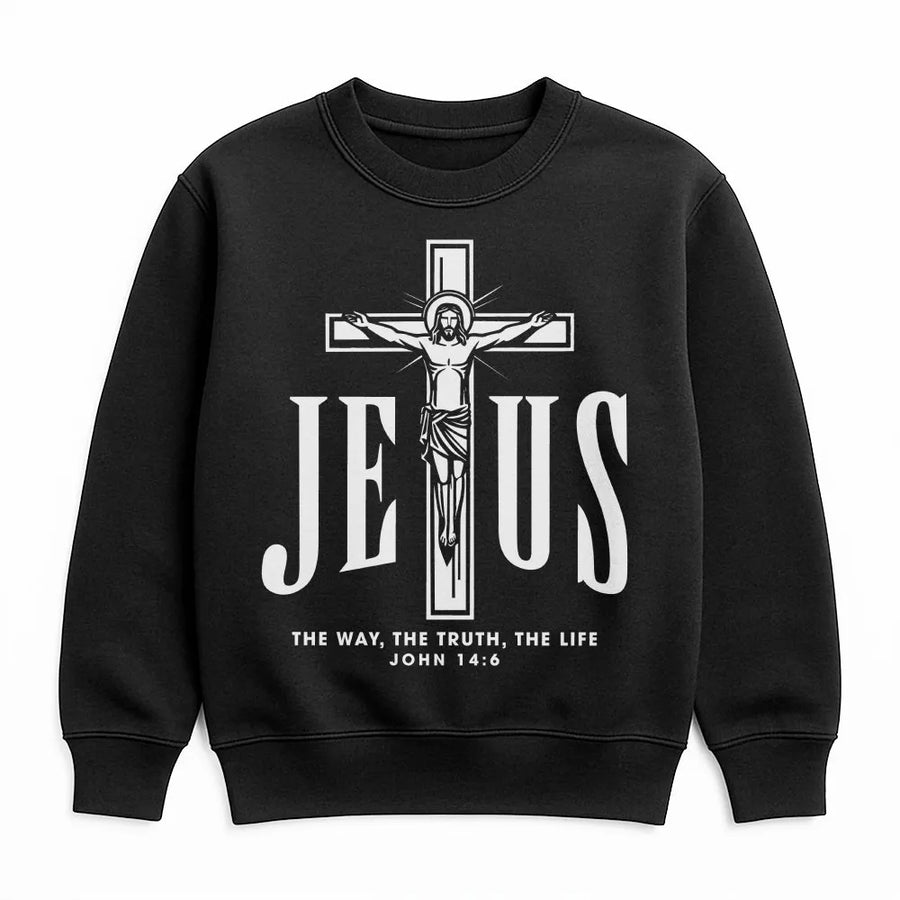 Jesus Cross Sweatshirt | John 14:6 Bible Verse Graphic | Premium Cotton Blend | Christian Faith Apparel Gift for Men and Women