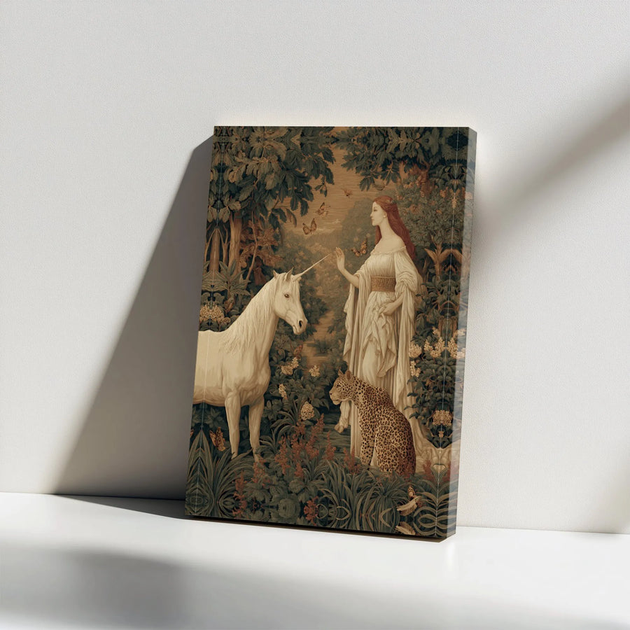 Unicorn and Lady Wall Art | Medieval Fantasy Forest Tapestry Canvas | Premium Gallery Wrap Print | Whimsical Home Decor Gift for Fantasy Lovers