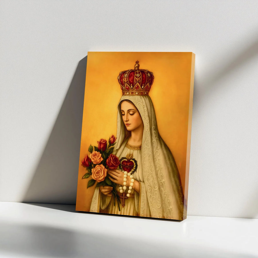 Our Lady of Fatima Canvas Wall Art | Sacred Heart and Rosary Portrait | Premium Gallery Wrapped Canvas | Catholic Christian Home Decor Gift