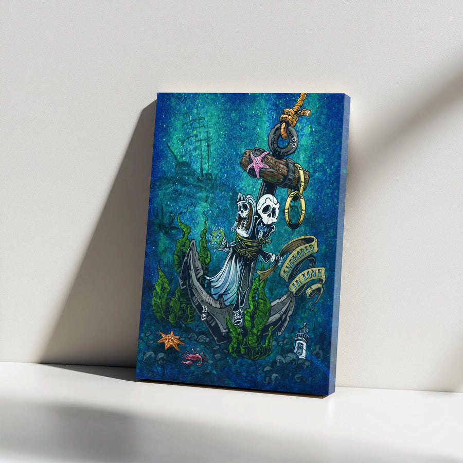 Anchored in Love Canvas Print | Gothic Skeleton Bride & Groom Underwater Art | Premium Fade-Resistant Print | Nautical Wedding Anniversary Gift