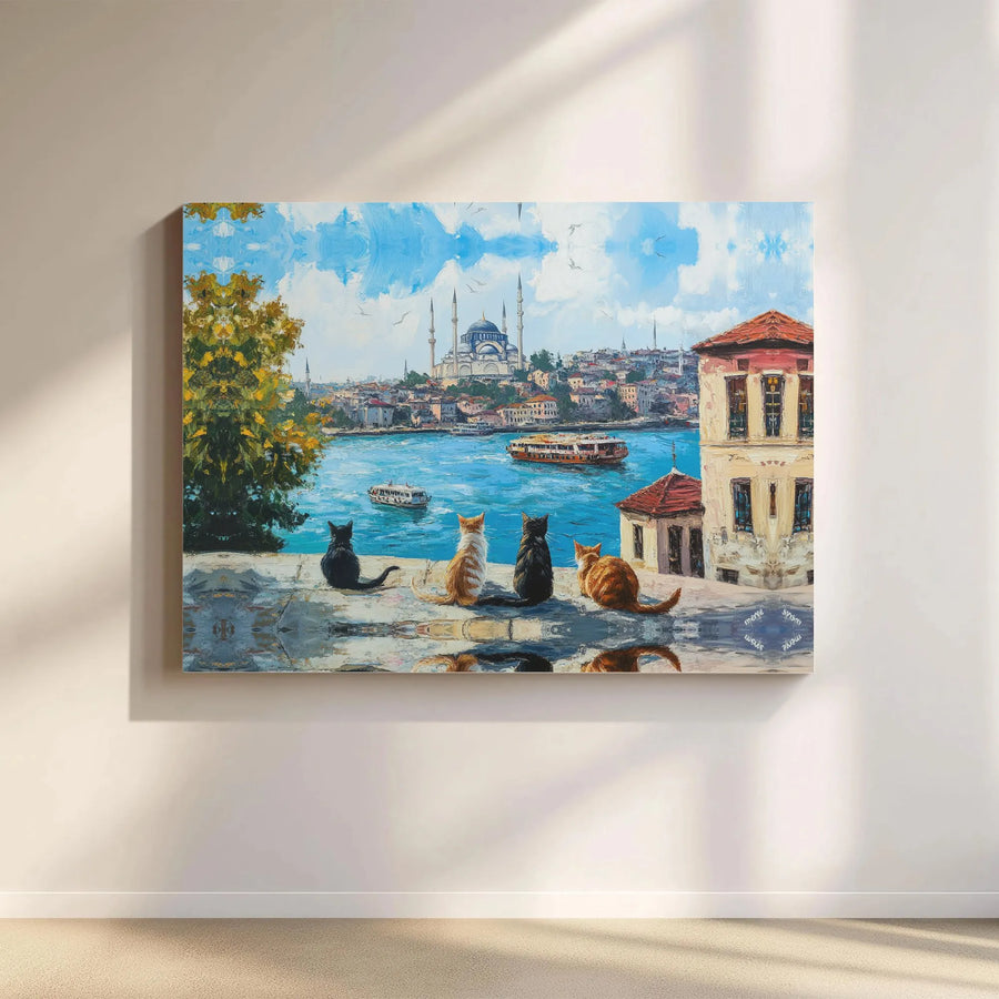 Istanbul Bosphorus Canvas Print | Cats Overlooking Mosque Oil Painting Art | Premium Gallery Wrapped Decor | Travel Gift for Cat Lovers
