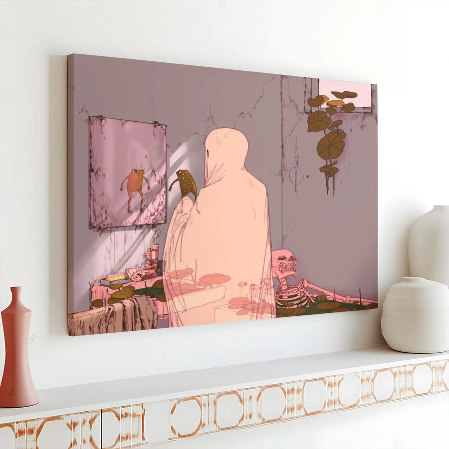 Surreal Ghost and Frog Canvas Print | Anime Sketch Macabre Art | Premium Gallery Wrapped Canvas | Dark Academia Room Decor Gift