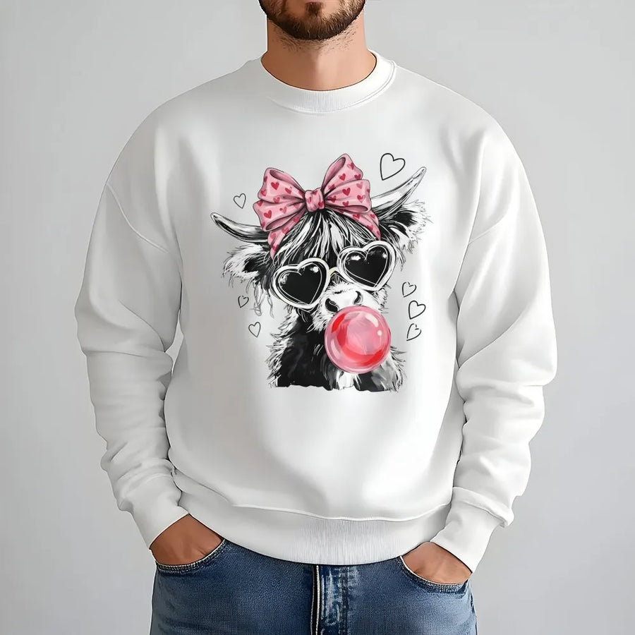 Highland Cow Graphic Sweatshirt | Pink Bow Heart Sunglasses Design | Premium Cotton Blend | Funny Farm Animal Gift for Women and Cow Lovers