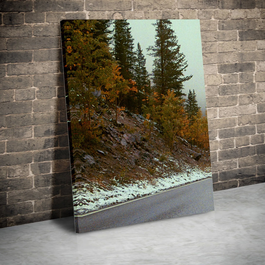 Autumn Mountain Road Canvas Print | Snowy Pine Tree Landscape | 1.25 Inch Gallery Wrap | Fall Nature Home Office Decor