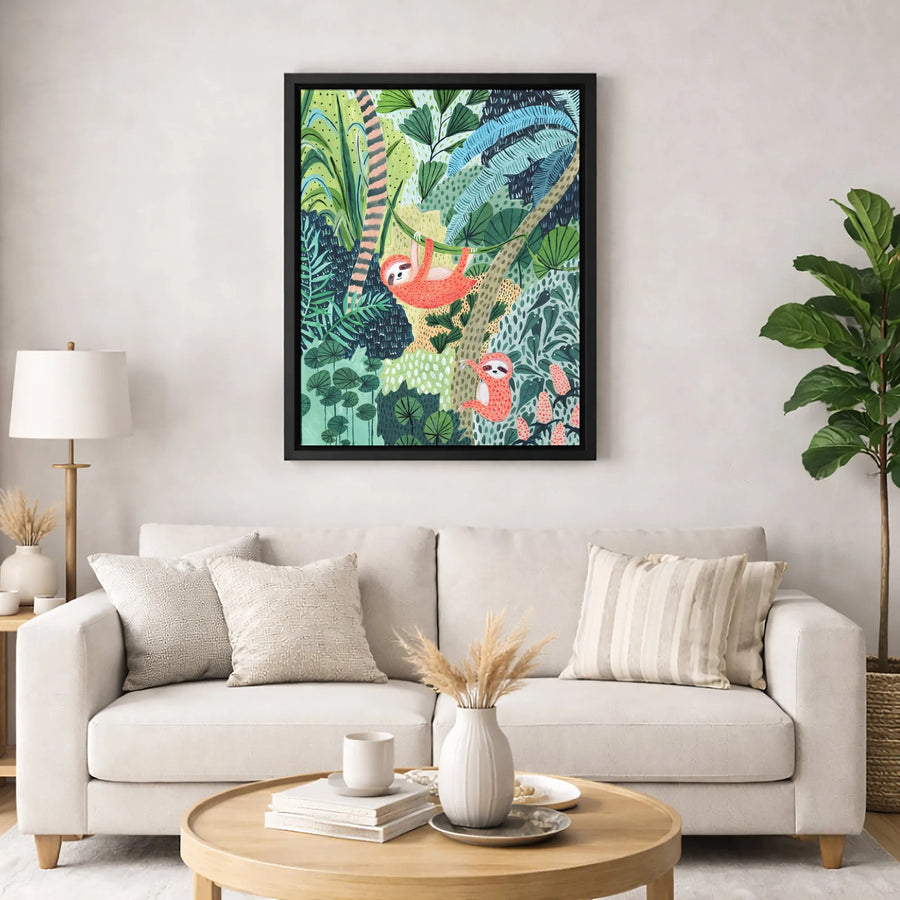 Sloth Wall Art | Whimsical Tropical Jungle Illustration | Premium Gallery Canvas | Nursery Decor or Living Room Gift