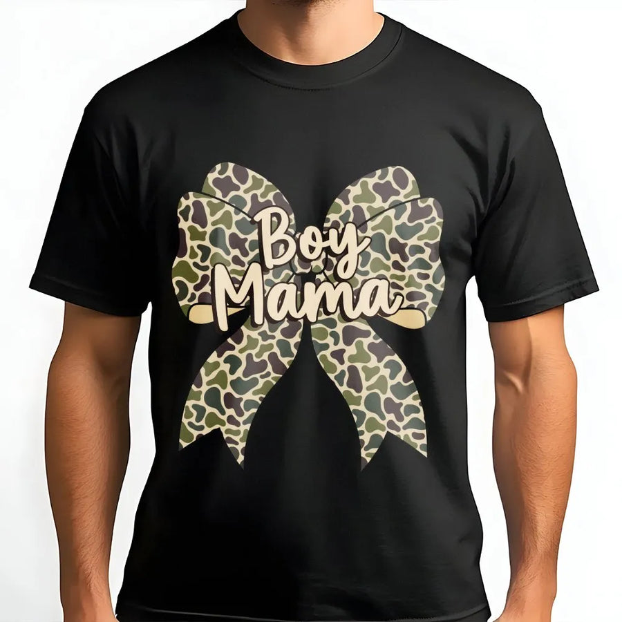 Boy Mama T-Shirt | Camo Coquette Bow Graphic Tee | Premium 100% Cotton Apparel | Trendy Mother's Day 2026 Gift for Mom