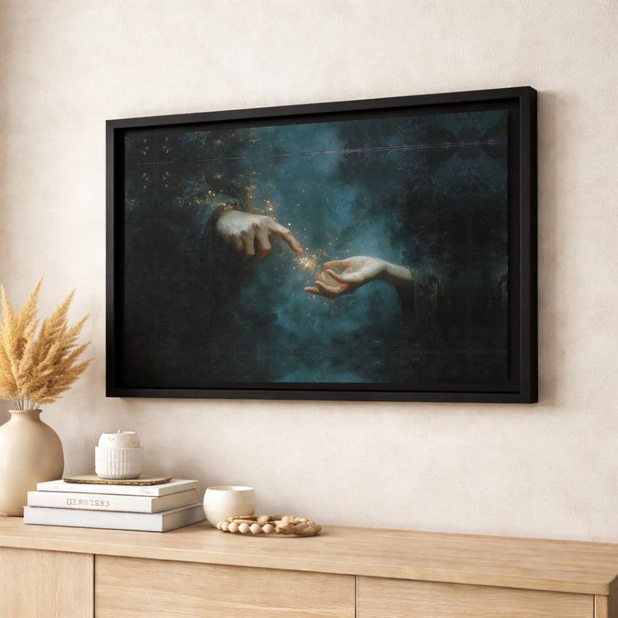 Ethereal Hands Canvas Art | Magical Gold Sparks Surreal Wall Decor | Gallery Quality Premium Print | Inspiring Aesthetic Gift For Home
