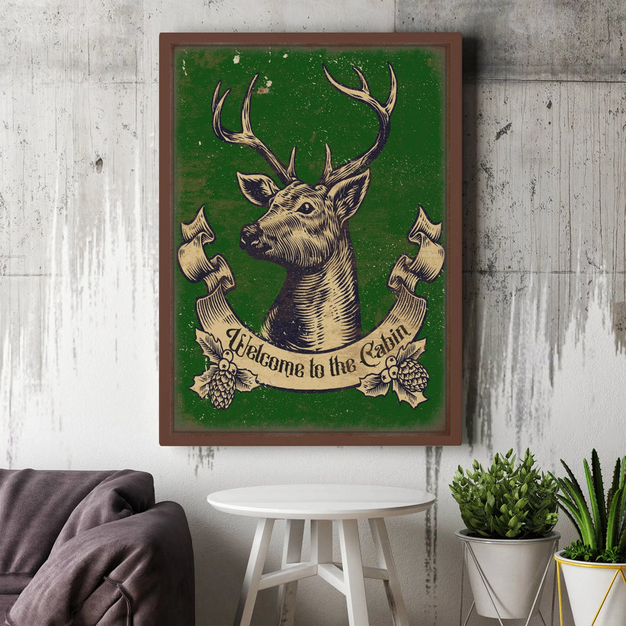 Welcome To The Cabin Canvas | Vintage Deer Head Wall Art | Rustic Lodge Decor | Premium Gallery Wrap Print for Home or Cabin Gift
