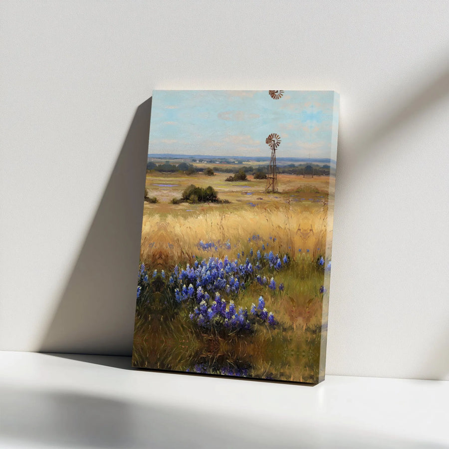 Texas Bluebonnet Canvas Wall Art | Vintage Farmhouse Windmill Painting | Premium Thick Gallery Wrap Canvas | Country Home Decor Gift