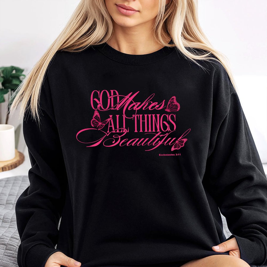 God Makes All Things Beautiful Sweatshirt | Butterfly Faith Graphic | Premium Cotton Blend Crewneck | Christian Gift for Women & Teens