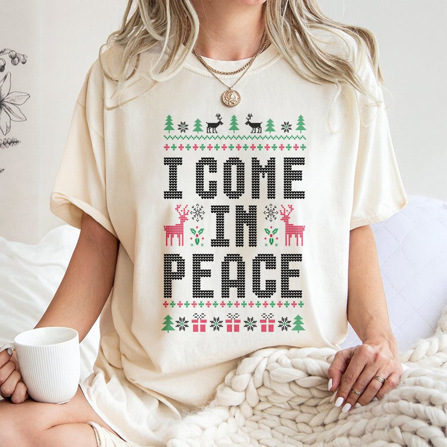 I Come In Peace Ugly Christmas T-Shirt | Funny Holiday Reindeer Design | Premium 100% Cotton | Gift for Men and Women
