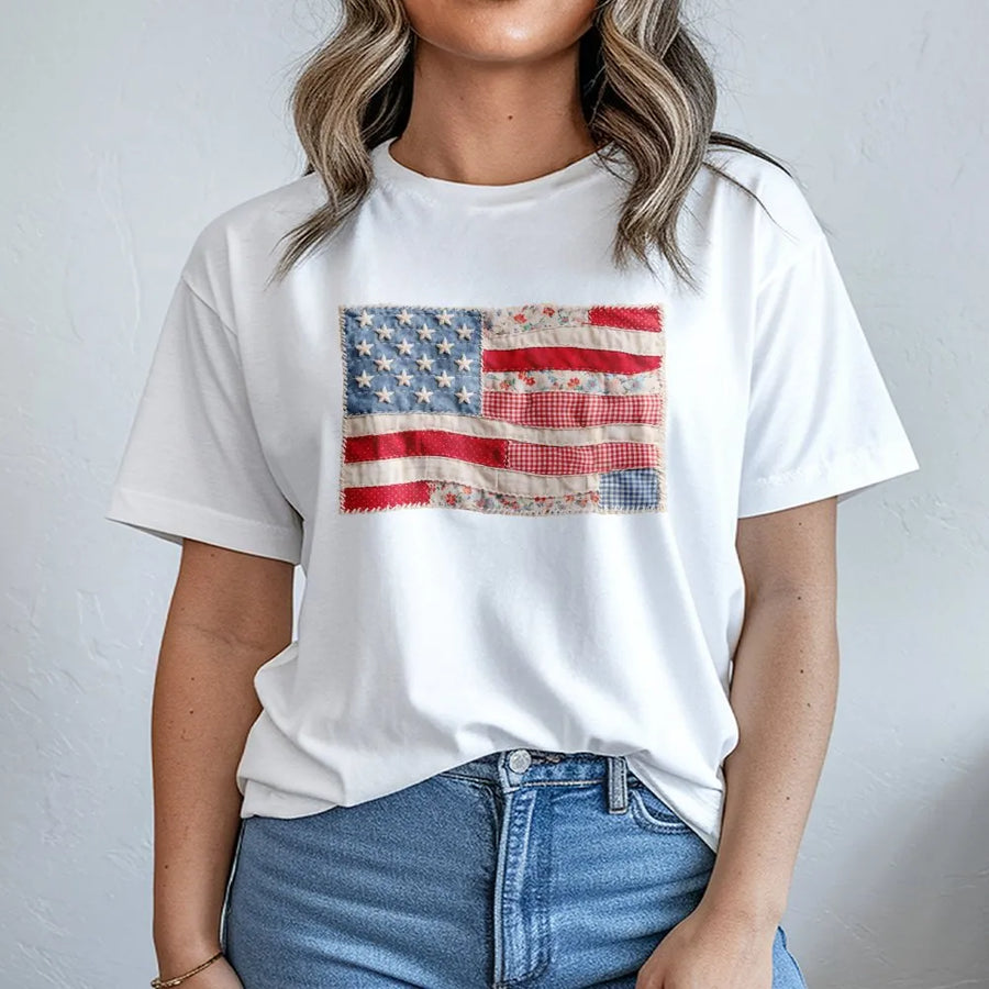 American Flag T-Shirt | Vintage Quilt Style Patchwork Print | Soft Unisex Crewneck | Patriotic Fourth of July Gift