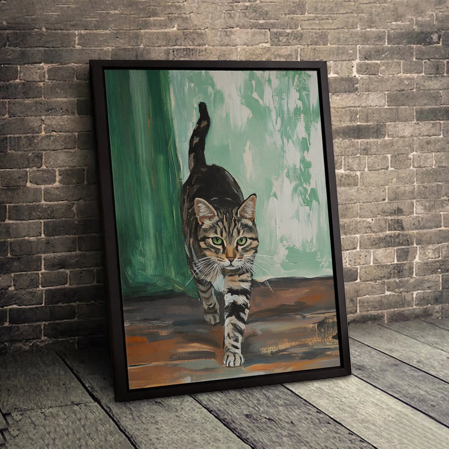 Brown Tabby Cat Wall Art | Walking Tiger Striped Cat Painting | Premium Gallery Wrap Canvas | Modern Pet Lover Home Decor Gift
