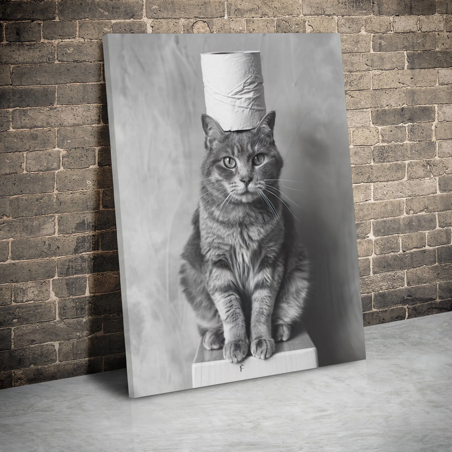 Funny Cat Canvas Wall Art | Tabby Cat With Toilet Paper Roll | Gallery Wrapped Premium Decor | Whimsical Pet Lover Gift