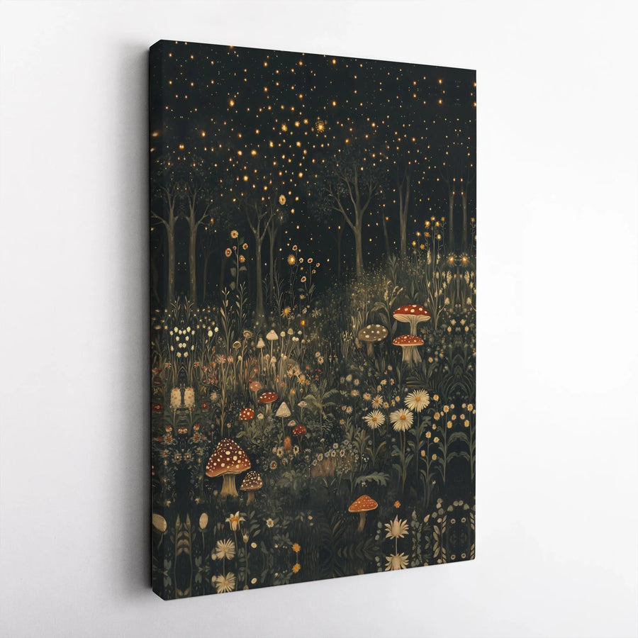 Enchanted Forest Wall Art | Mushroom and Firefly Botanical Print | Premium Gallery Wrapped Canvas | Whimsical Nature Home Decor Gift