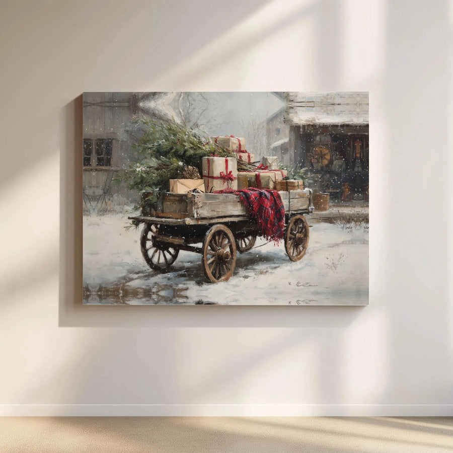 Vintage Christmas Farmhouse Canvas Art | Holiday Snow Scene with Wooden Wagon | Premium Gallery Wrap Decor | Festive Wall Art for Winter Home Decor