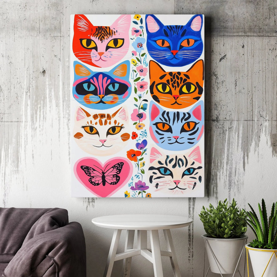Colorful Cat Faces Canvas Wall Art | Whimsical Folk Art Pet Collage | Premium Fade-Resistant Gallery Wrap | Unique Gift for Cat Lovers