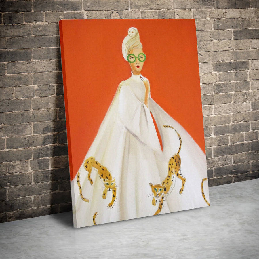 Vintage Fashion Canvas Print | Woman with Cheetahs Illustration | Premium Thick Gallery Wrap | Mid Century Modern Wall Art Gift
