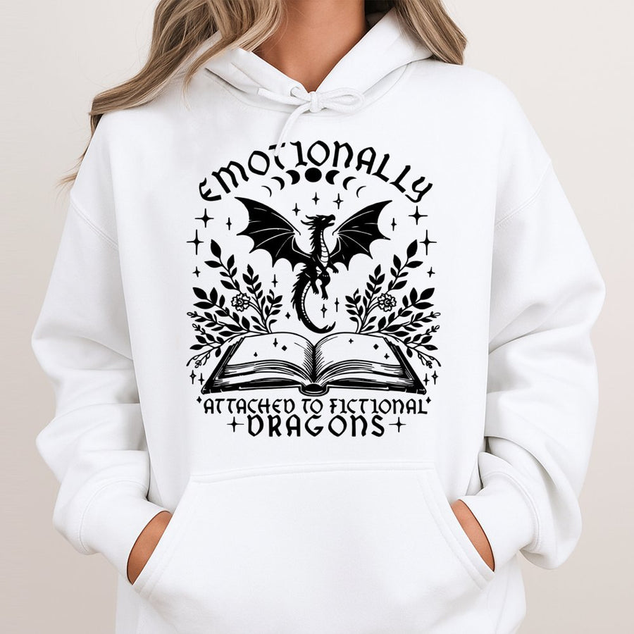 Emotionally Attached To Fictional Dragons Hoodie | Fantasy Bookish Aesthetic Design | Premium Cotton Blend | Gift For Readers And Dragon Lovers