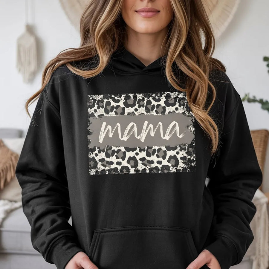 Mama Leopard Print Hoodie | Aesthetic Script Mom Life Design | Premium Cotton Blend | Gift for New Mom, Motherhood Apparel