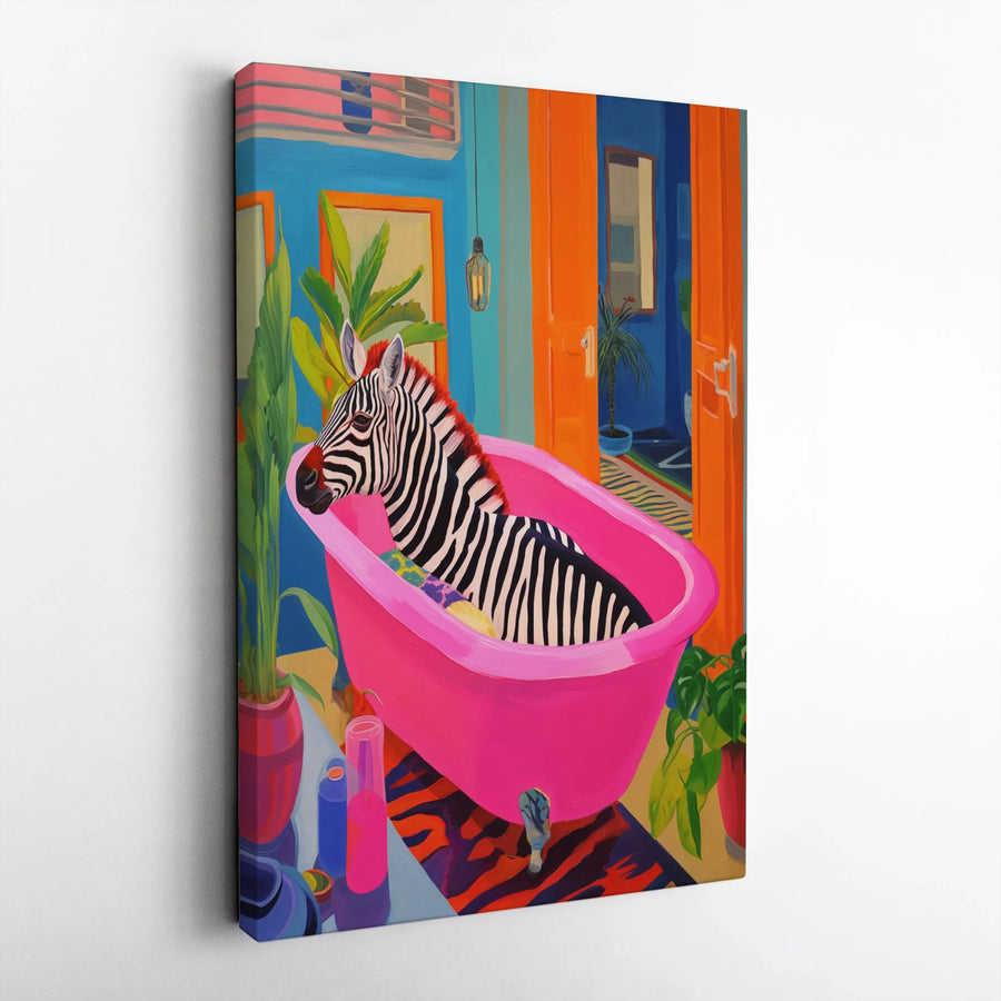 Zebra in Bathtub Canvas Wall Art | Vibrant Animal Pop Art with Pink Tub | Premium Gallery Canvas | Eclectic Bathroom Decor Gift