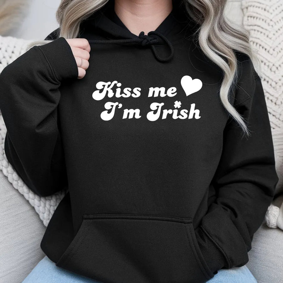 Kiss Me I'm Irish Hoodie | Retro St. Patrick's Day Graphic | Premium Cotton Blend | Unisex Festive Gift for Women and Men