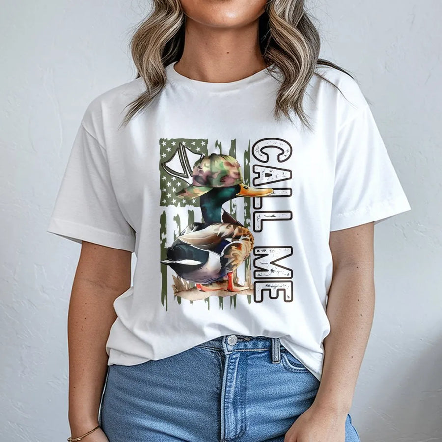 Call Me Duck Hunter T-Shirt | Patriotic American Flag Mallard Duck Design | Premium Soft Cotton Tee | Unique Gift for Duck Hunting Enthusiasts